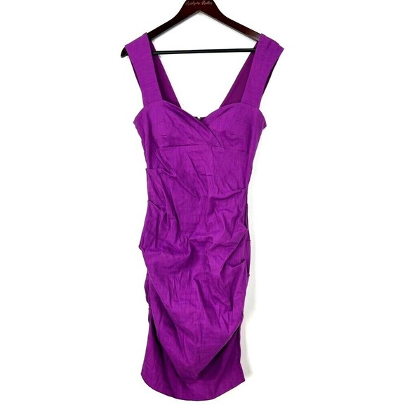 Artelier Nicole Miller Dress Women 12 Linen Purple Surplice Ruched Bodycon Tank - Picture 2 of 12